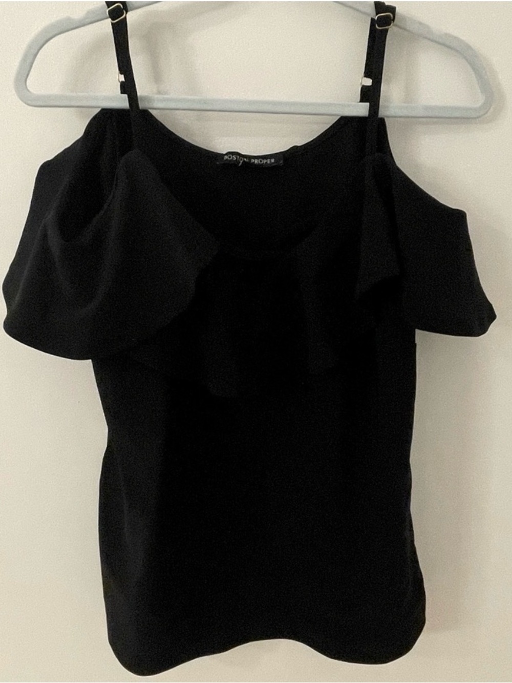 Boston Proper Black Ruffle Cold Shoulder Top Medium NWOT